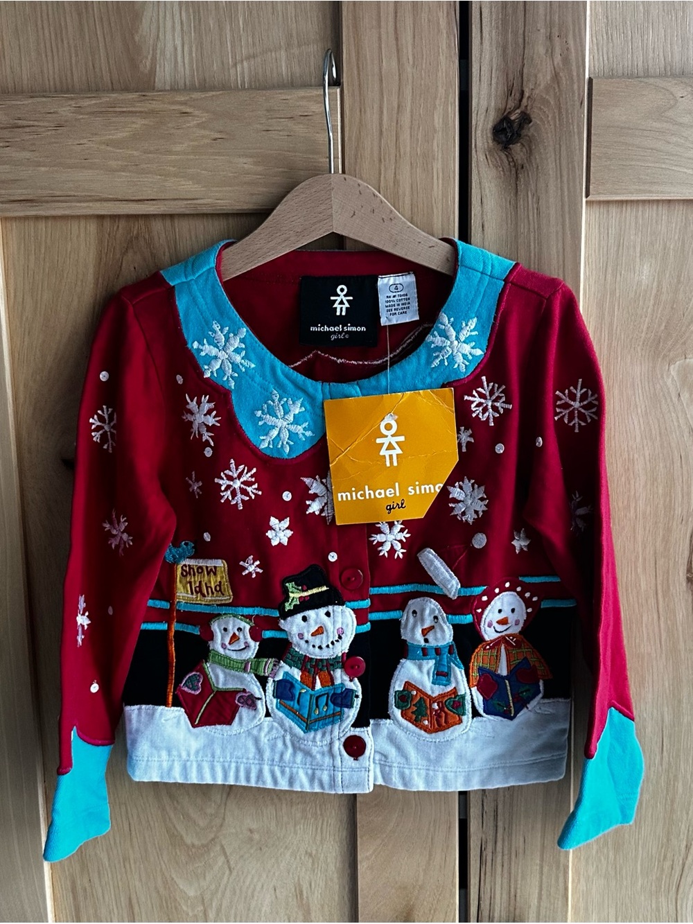EUC Michael Simon Red Snowman Appliqué Kids Cardigan VINTAGE RARE size 4